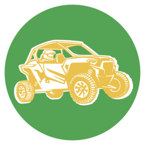 Off-road buggy illustration in yellow on a green circle background.