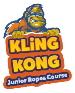 Cartoon gorilla with orange fur holds a sign reading Kling Kong Junior Ropes Course in bold, playful text.