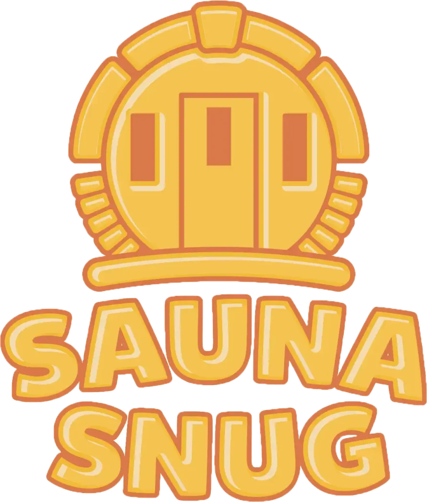Round sauna logo with Sauna Snug text in warm yellow tones.