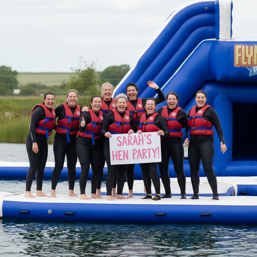 Group of women in wetsuits and life vests celebrating a hen party on an inflatable water platform.