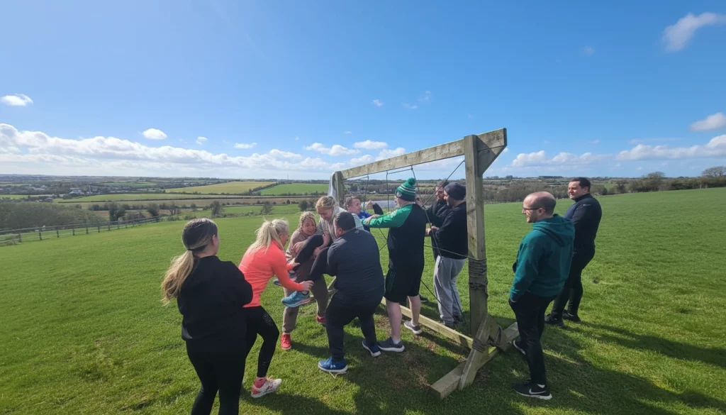 Group working together on an outdoor challenge course in a lush green field under a bright blue sky.